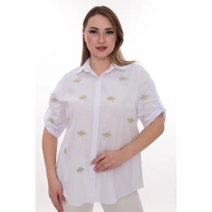 Büyük Beden Kadın Gömlek %100 Pamuk Arı Nakış Detaylı Rahat Kesim Şık Günlük Gömlek