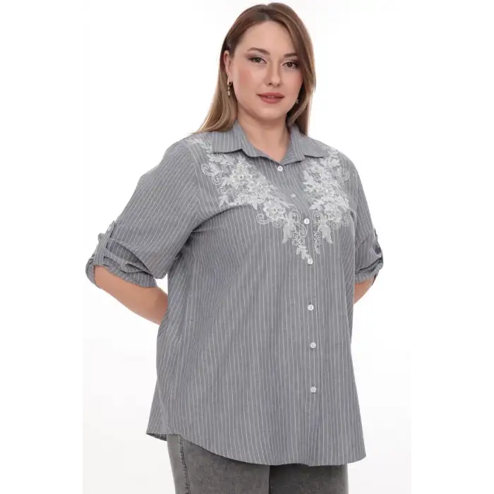 Büyük Beden %100 Cotton Nakış Detaylı Çizgili Gömlek Şık ve Rahat