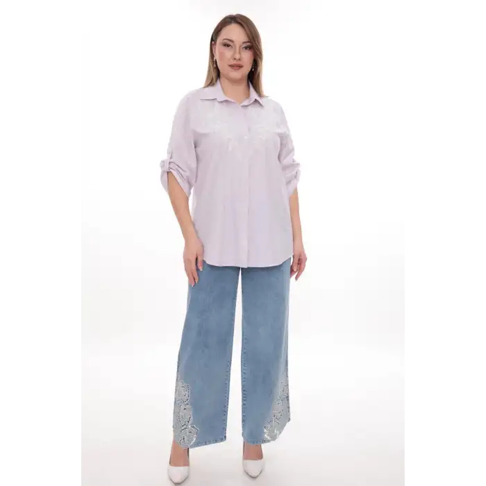 Büyük Beden %100 Cotton Nakış Detaylı Çizgili Gömlek Şık ve Rahat