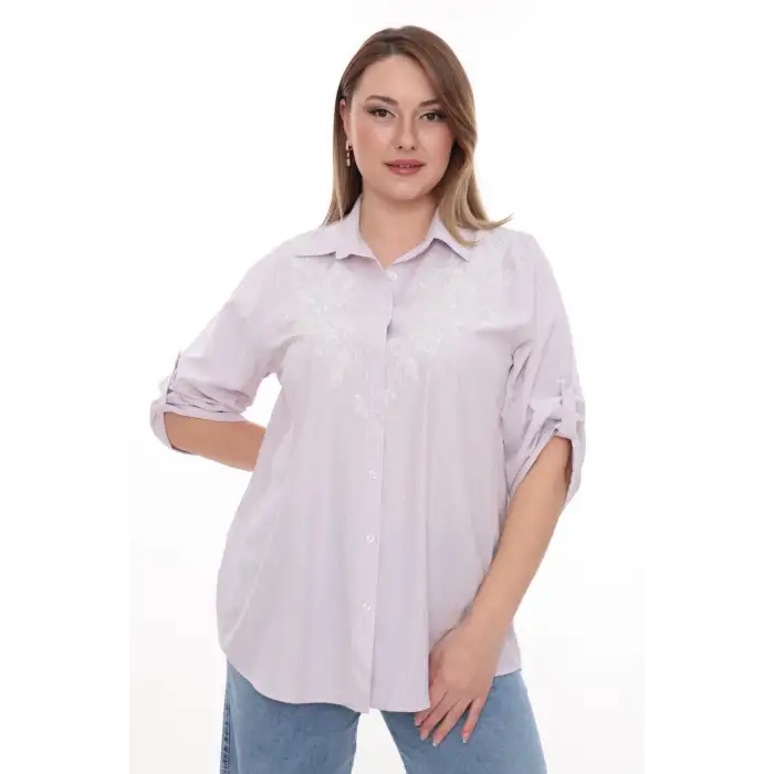 Büyük Beden %100 Cotton Nakış Detaylı Çizgili Gömlek Şık ve Rahat