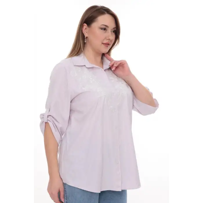 Büyük Beden %100 Cotton Nakış Detaylı Çizgili Gömlek Şık ve Rahat