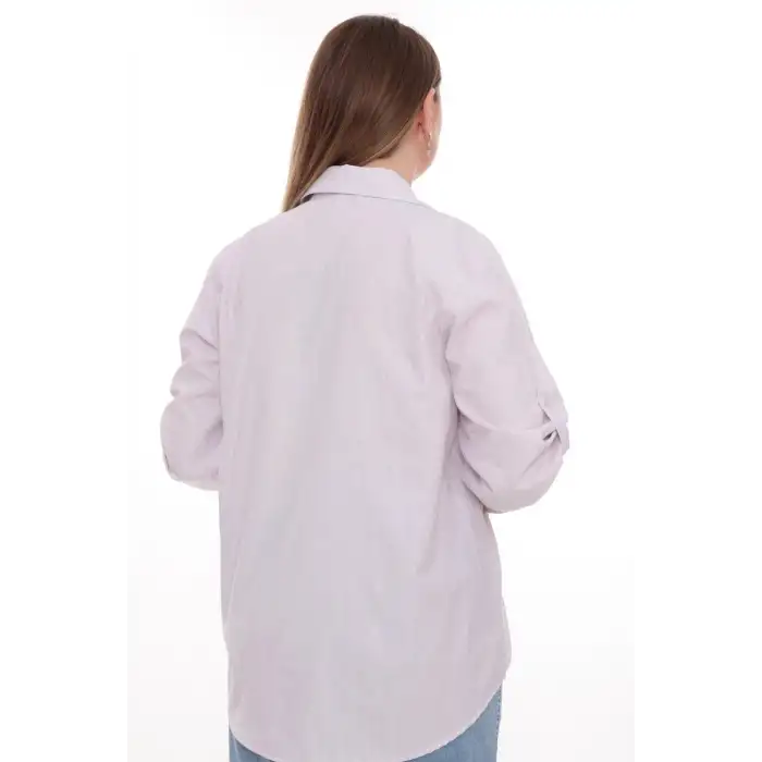 Büyük Beden %100 Cotton Nakış Detaylı Çizgili Gömlek Şık ve Rahat