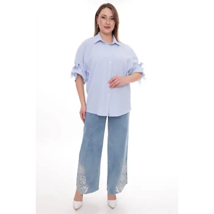 Büyük Beden Kadın Pamuklu Gömlek Rahat Kesim, Düğmeli, Volan Kol Detaylı