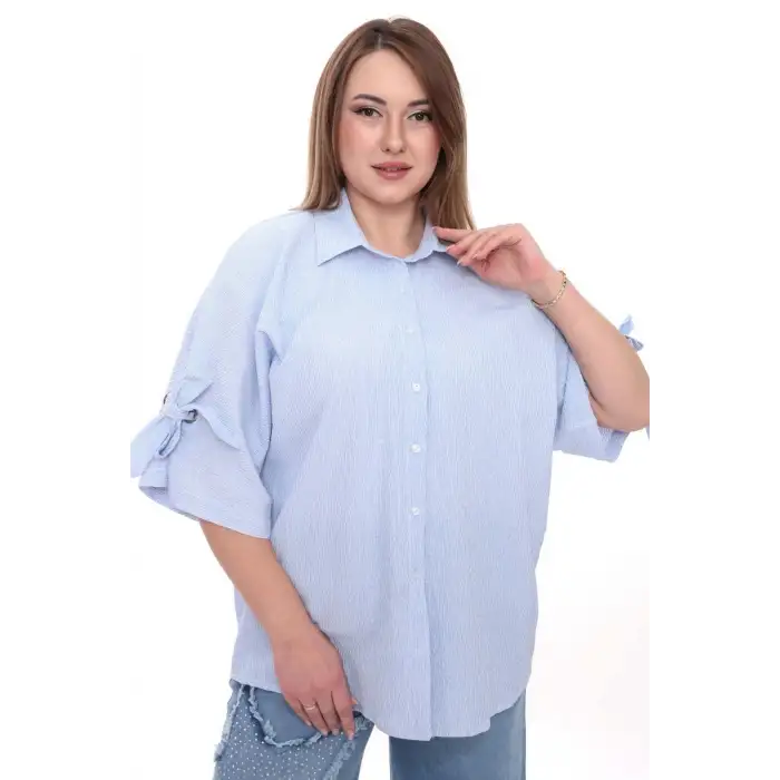 Büyük Beden Kadın Pamuklu Gömlek Rahat Kesim, Düğmeli, Volan Kol Detaylı