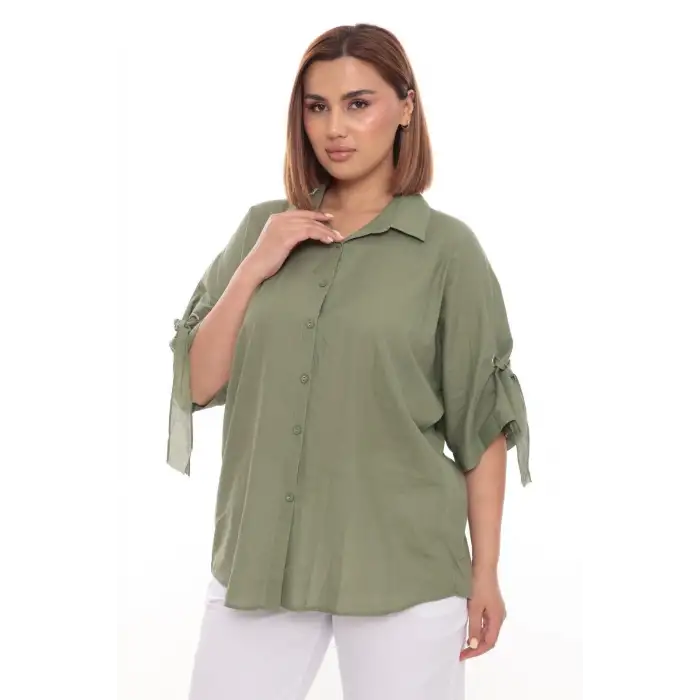 %100 Cotton Büyük Beden Kadın Pamuklu Gömlek Rahat Kesim, Düğmeli, Volan Kol Detaylı