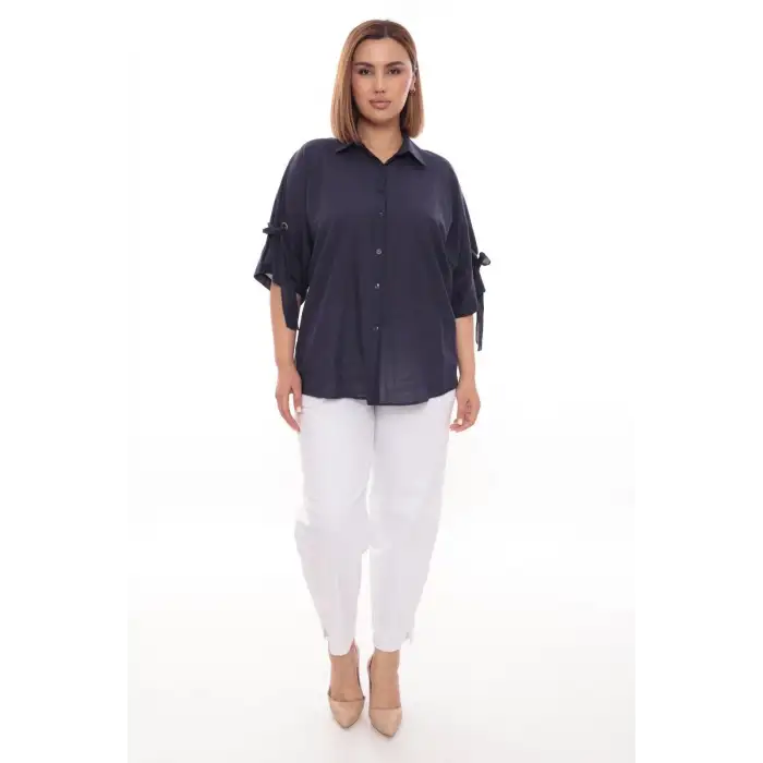 %100 Cotton Büyük Beden Kadın Pamuklu Gömlek Rahat Kesim, Düğmeli, Volan Kol Detaylı