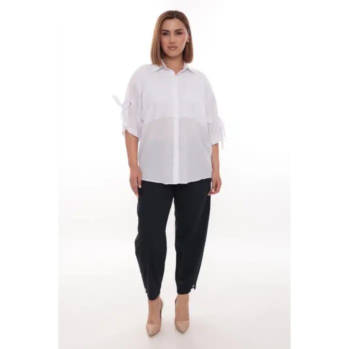 %100 Cotton Büyük Beden Kadın Pamuklu Gömlek Rahat Kesim, Düğmeli, Volan Kol Detaylı