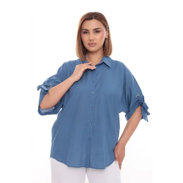 %100 Cotton Büyük Beden Kadın Pamuklu Gömlek Rahat Kesim, Düğmeli, Volan Kol Detaylı