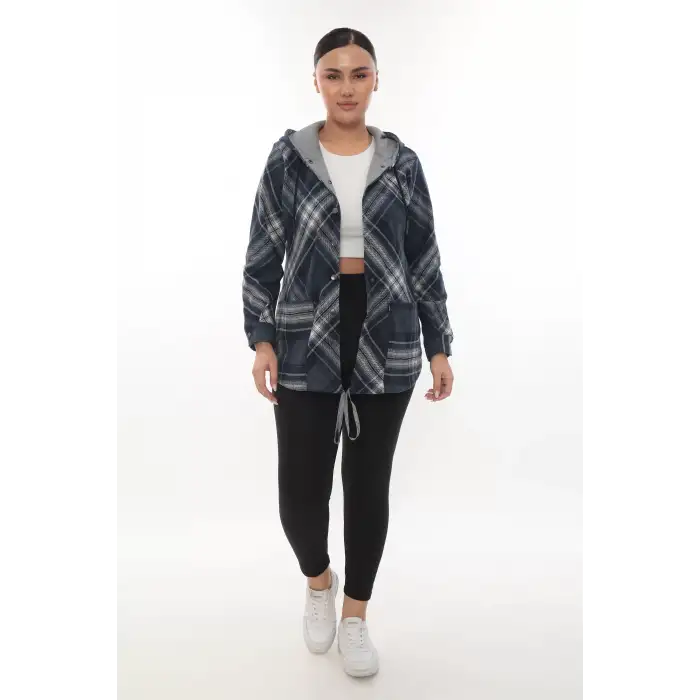 Büyük Beden Rahat Kalıp Kapüşonlu Oduncu Kadın Gömlek Hırka