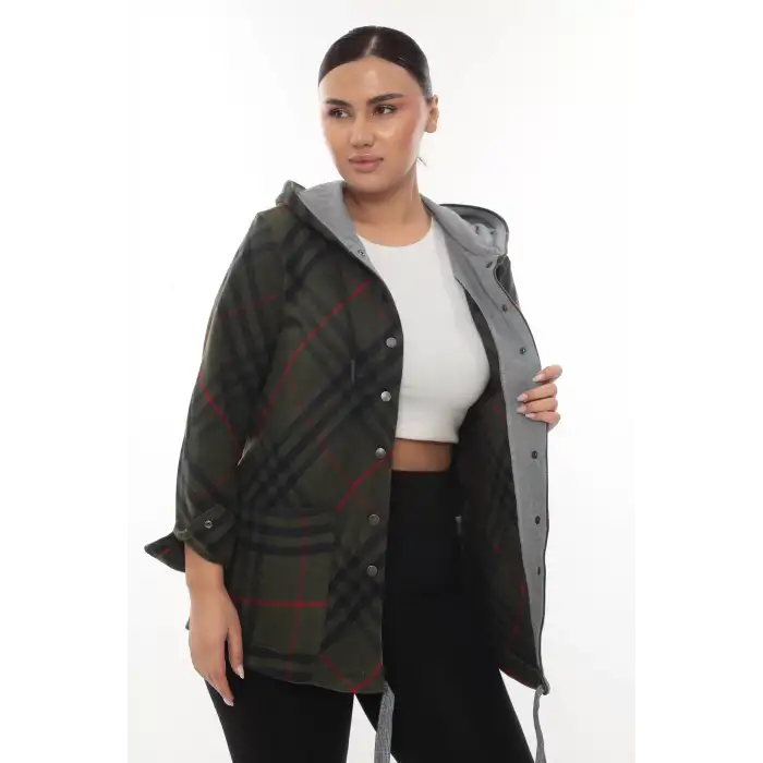 Büyük Beden Rahat Kalıp Kapüşonlu Oduncu Kadın Gömlek Hırka