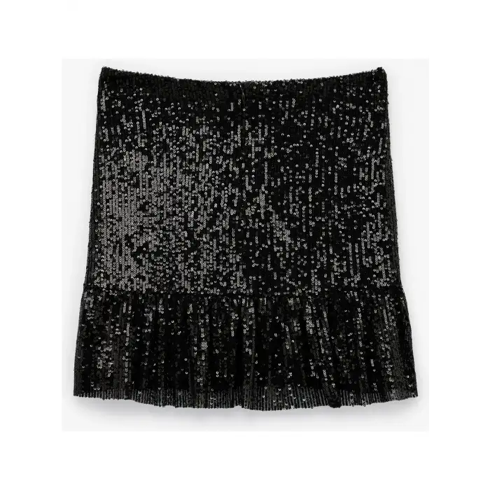 Astarlı Payetli Kloş Mini Etek Pullu