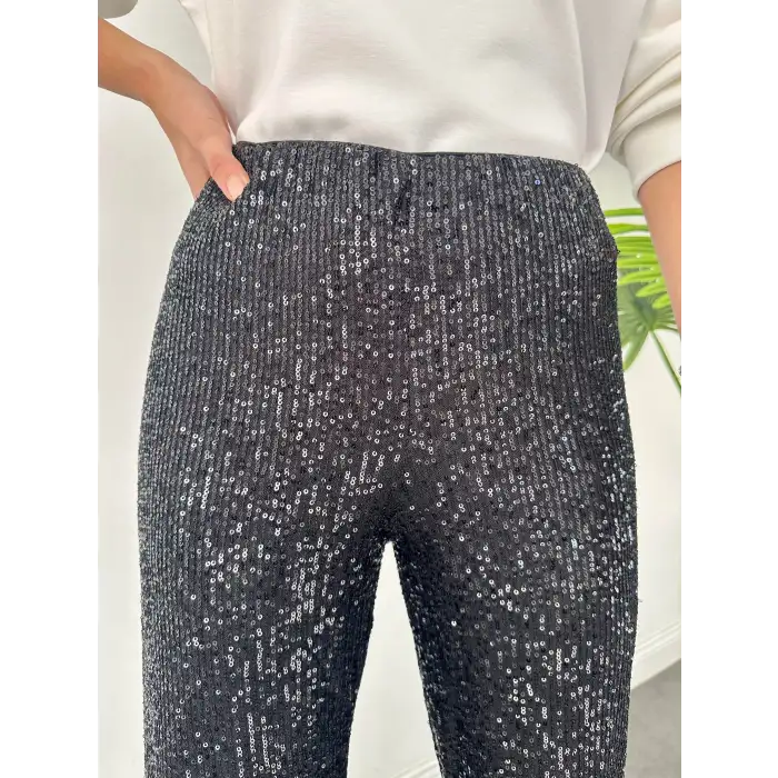Beli Lastikli Ve Pul Payetli Tasarım Bol Pantolon