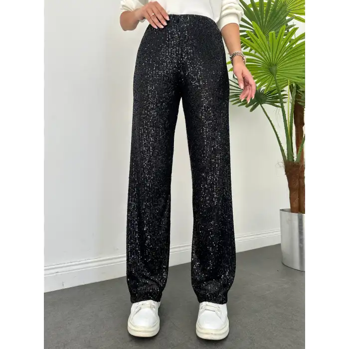 Beli Lastikli Ve Pul Payetli Tasarım Bol Pantolon