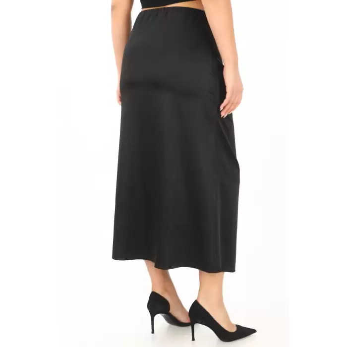 Büyük Beden Saten Drape Yırtmaçlı Midi Siyah Etek