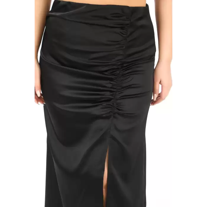 Büyük Beden Saten Drape Yırtmaçlı Midi Siyah Etek