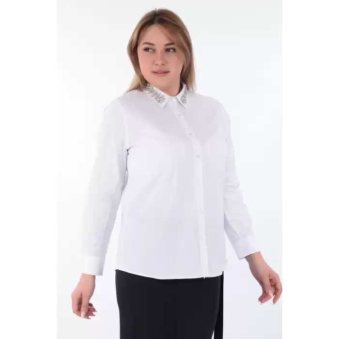 Kadın Yakası Taşlı Cotton Klasik Büyük Beden Ofis Gömlek - 44377