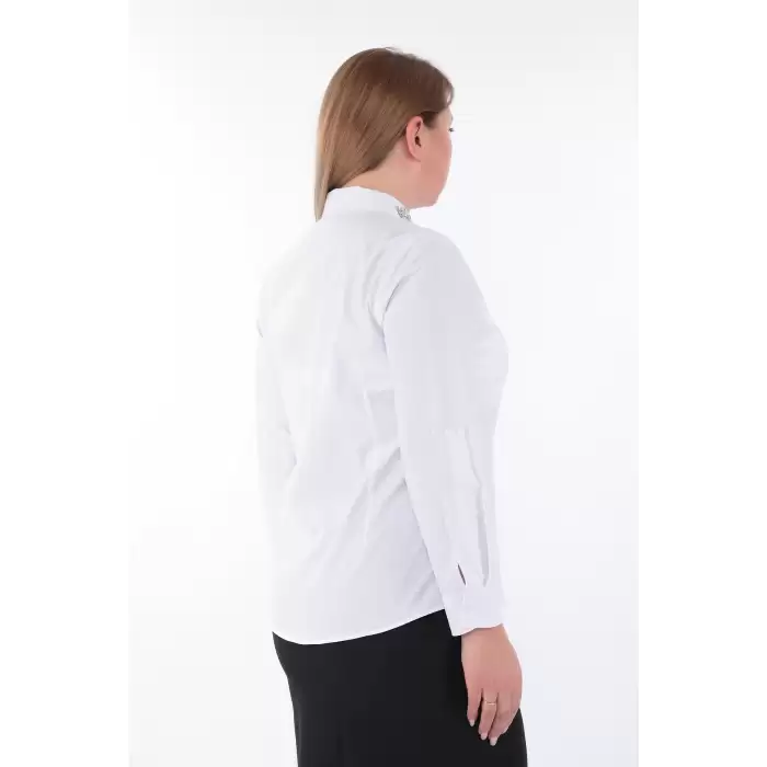 Kadın Yakası Taşlı Cotton Klasik Büyük Beden Ofis Gömlek - 44377