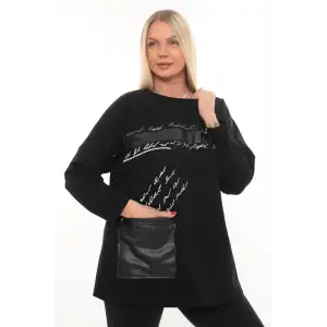 Rahat Kalıp Büyük Beden Kadın Bluz Uzun Kollu Yazı Detaylı Cepli