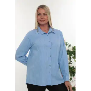 Yakası Taşlı Büyük Beden Kadın Çizgili Uzun Kollu Gömlek - Rahat Kesim Şık Tasarım