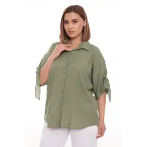 %100 Cotton Büyük Beden Kadın Pamuklu Gömlek Rahat Kesim, Düğmeli, Volan Kol Detaylı