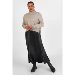Büyük Beden Beli Lastikli gizli Fermuarlı likra Saten Kloş Uzun Etek