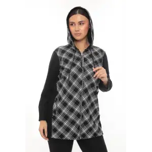 Ekose Kapüşonlu Fermuarlı Büyük Beden Spor Şık Hırka