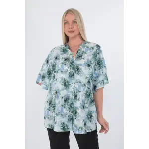Kadın Viskon Büyük Beden Desenli Hakim Yaka Gömlek