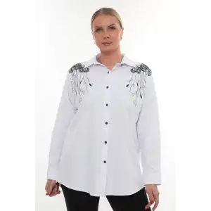Tasarım Büyük Beden Kadın Nakışlı Gömlek Uzun Kollu Düğmeli Rahat Şık Kombinlere Uygun
