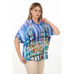 Yarasa Kol %100 Viskon Rahatlığı Büyük Beden Kadın Renkli Desenli Gömlek