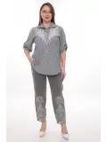 Büyük Beden %100 Cotton Nakış Detaylı Çizgili Gömlek Şık ve Rahat
