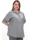 Büyük Beden %100 Cotton Nakış Detaylı Çizgili Gömlek Şık ve Rahat
