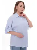 Büyük Beden Kadın Pamuklu Gömlek Rahat Kesim, Düğmeli, Volan Kol Detaylı