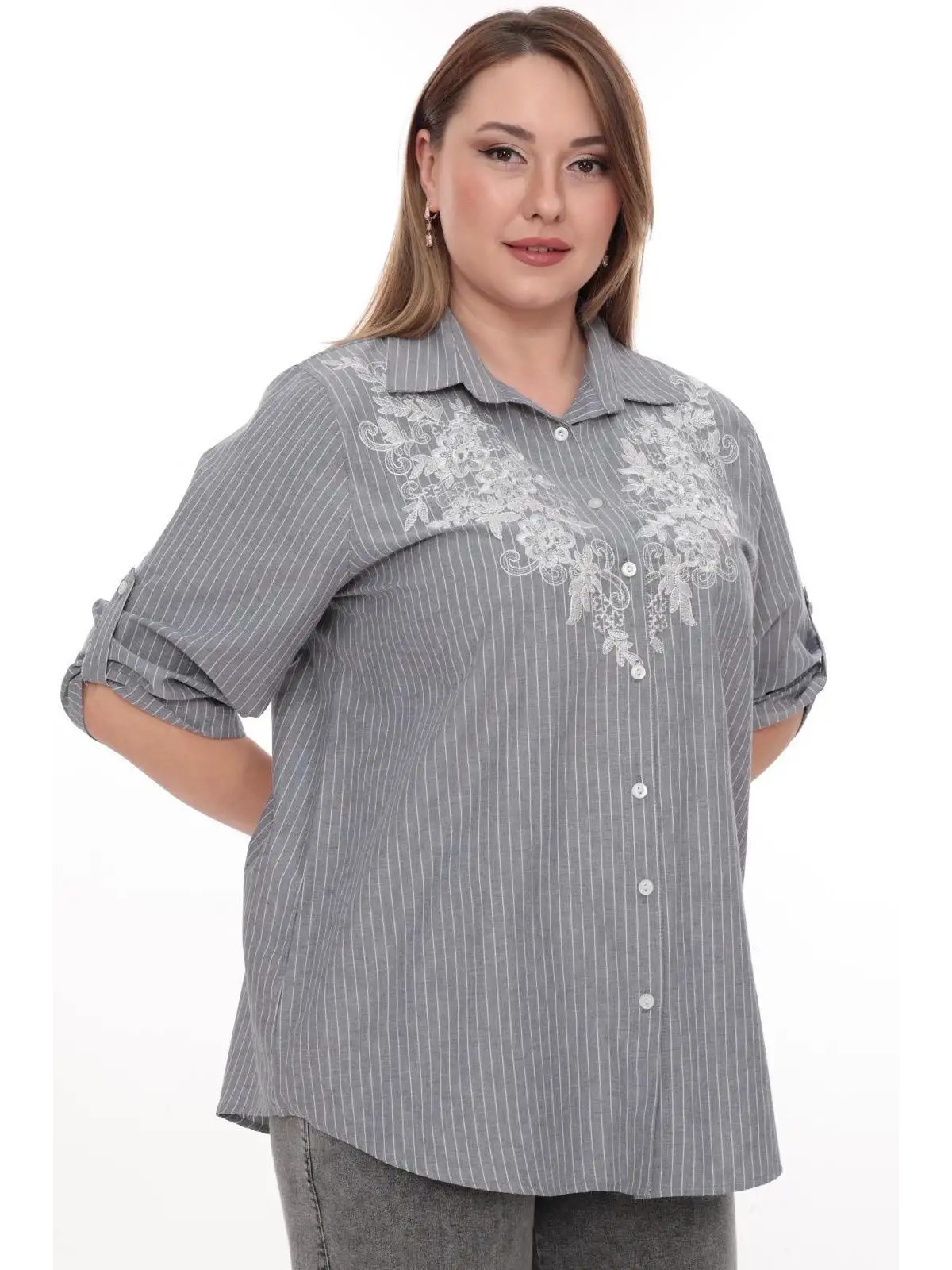 Büyük Beden %100 Cotton Nakış Detaylı Çizgili Gömlek Şık ve Rahat
