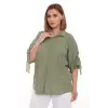 %100 Cotton Büyük Beden Kadın Pamuklu Gömlek Rahat Kesim, Düğmeli, Volan Kol Detaylı