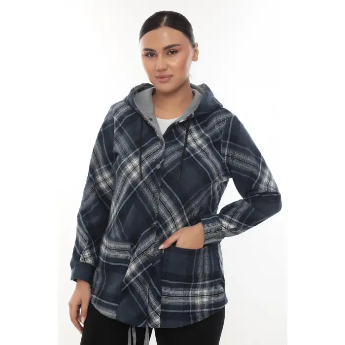 Büyük Beden Rahat Kalıp Kapüşonlu Oduncu Kadın Gömlek Hırka