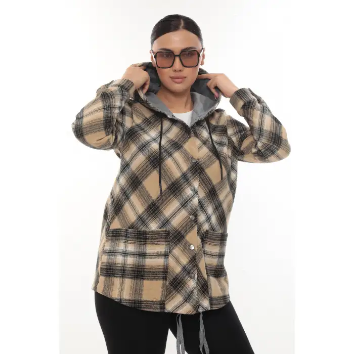 Büyük Beden Rahat Kalıp Kapüşonlu Oduncu Kadın Gömlek Hırka