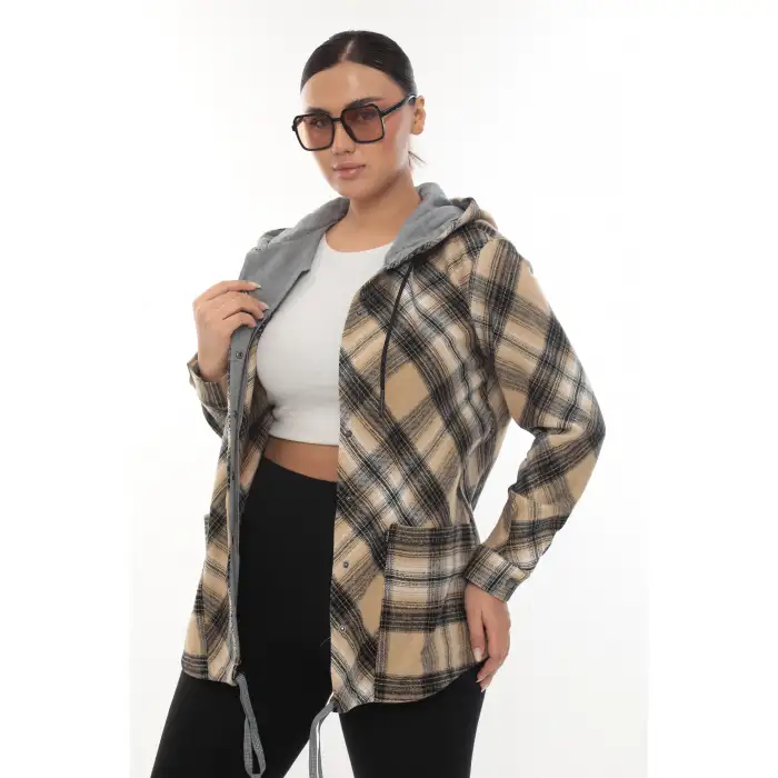 Büyük Beden Rahat Kalıp Kapüşonlu Oduncu Kadın Gömlek Hırka