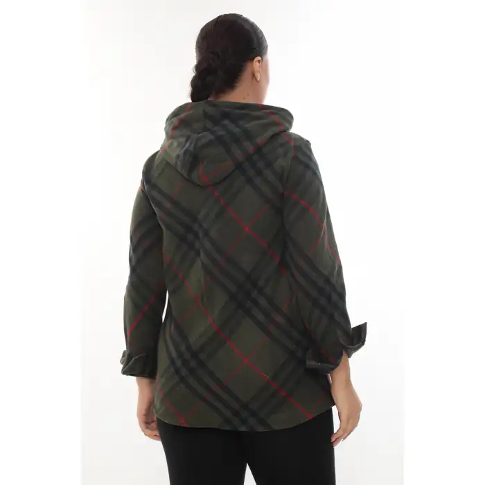 Büyük Beden Rahat Kalıp Kapüşonlu Oduncu Kadın Gömlek Hırka