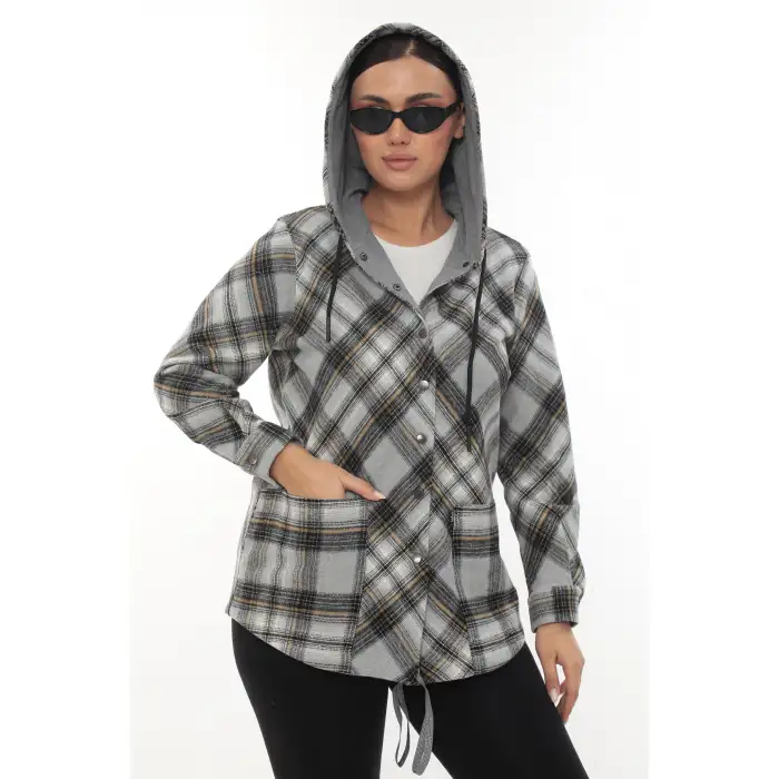 Büyük Beden Rahat Kalıp Kapüşonlu Oduncu Kadın Gömlek Hırka