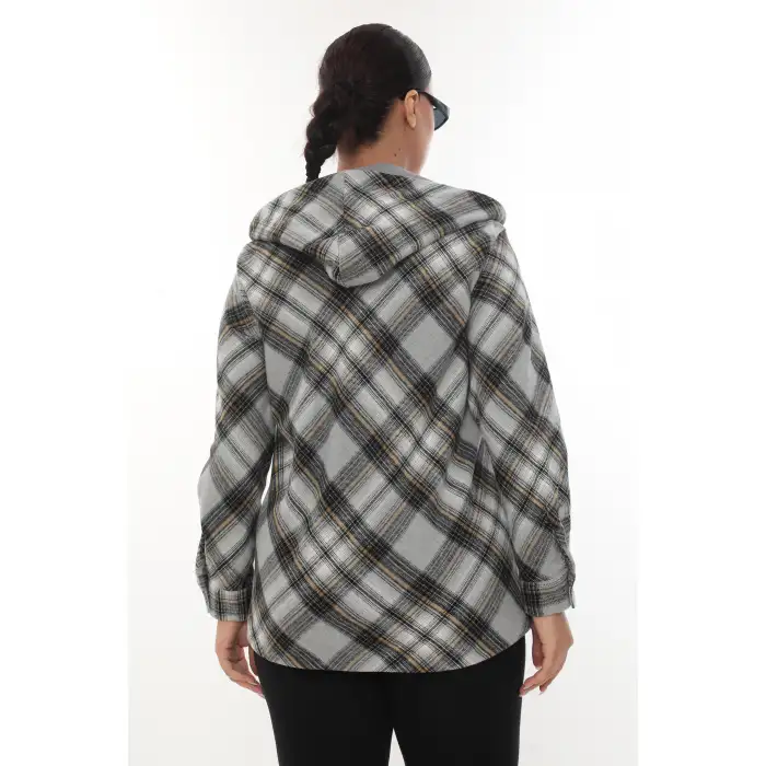 Büyük Beden Rahat Kalıp Kapüşonlu Oduncu Kadın Gömlek Hırka