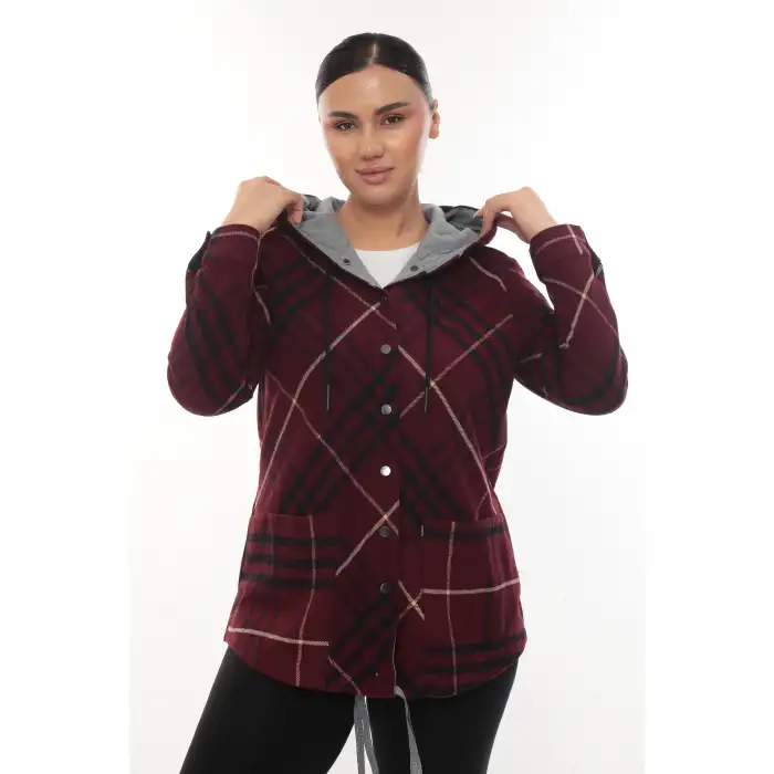 Büyük Beden Rahat Kalıp Kapüşonlu Oduncu Kadın Gömlek Hırka