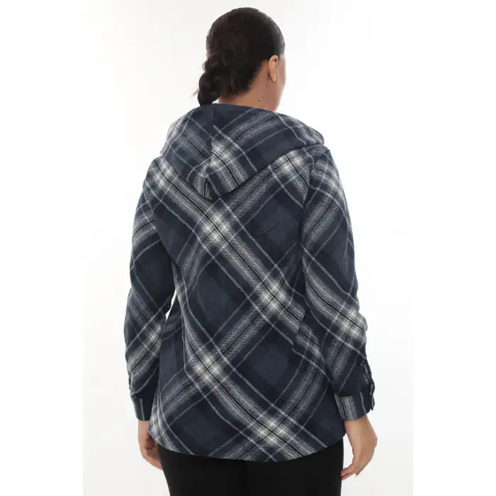 Büyük Beden Rahat Kalıp Kapüşonlu Oduncu Kadın Gömlek Hırka