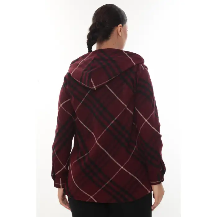 Büyük Beden Rahat Kalıp Kapüşonlu Oduncu Kadın Gömlek Hırka