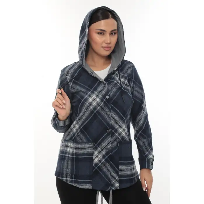 Büyük Beden Rahat Kalıp Kapüşonlu Oduncu Kadın Gömlek Hırka