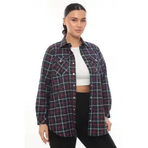 Büyük Beden Ekose Desenli Simli Rahat Kalıp Kadın Gömlek