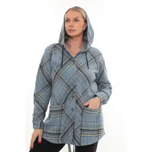 Büyük Beden Rahat Kalıp Kapüşonlu Oduncu Kadın Gömlek Hırka