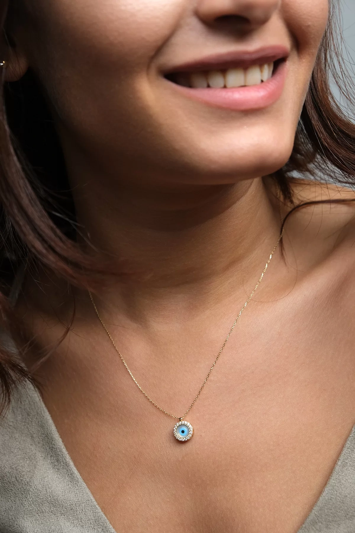 Asil 14 Ayar Taşlı Nazar Boncuklu Altın Kolye KLY2056