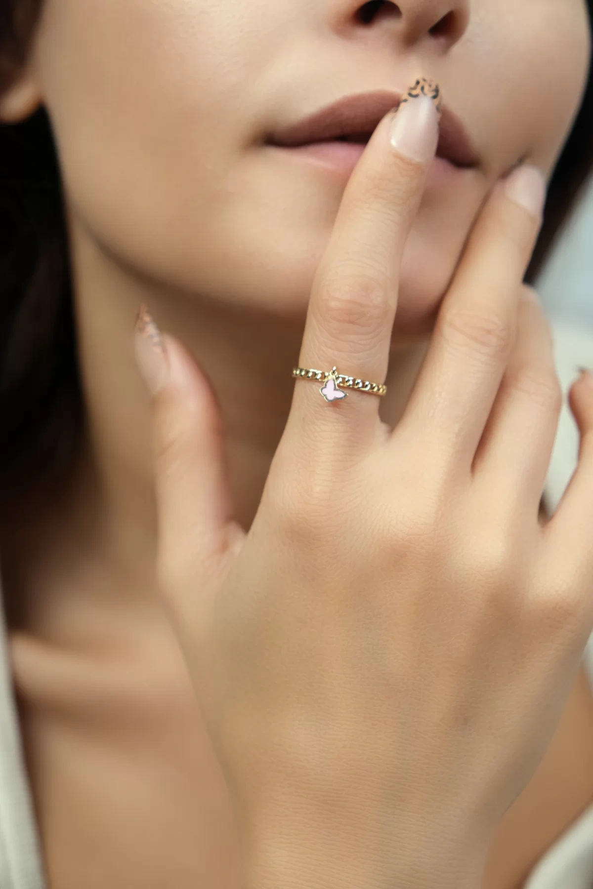 Asil 14 Ayar Pembe Kelebek Mineli Altın Yüzük YZK2275