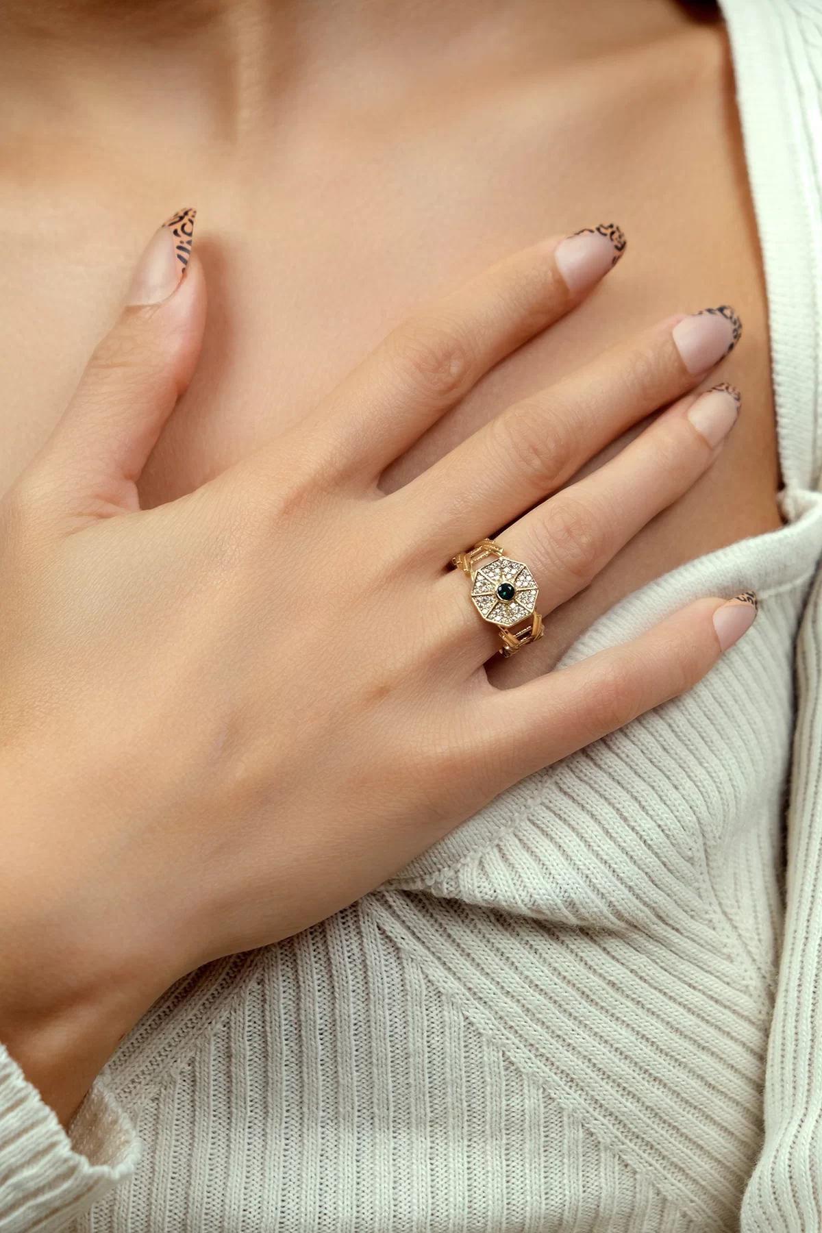 Asil 14 Ayar Yeşil Taşlı Kafes Altın Yüzük YZK2200