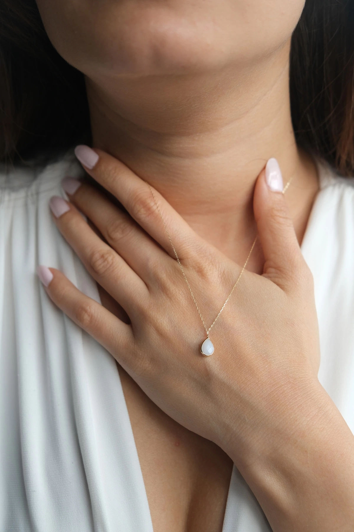 Asil 14 Ayar Beyaz Taşlı Damla Model Altın Kolye KLY3417